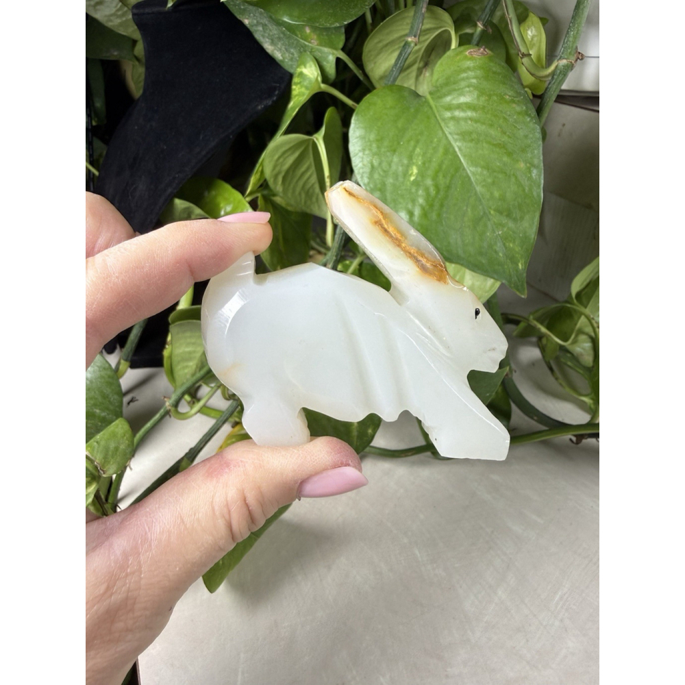 Vintage 1990s Hand Carved White Onyx Rabbit Figurine Paperweight Decor